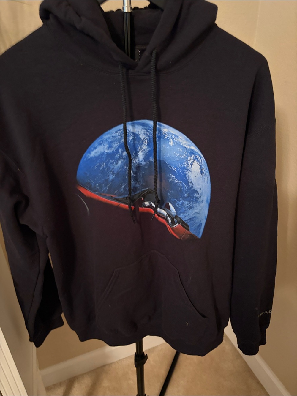 Spacex Black Graphic Hoodie with Blue Earth and Red Starman Print